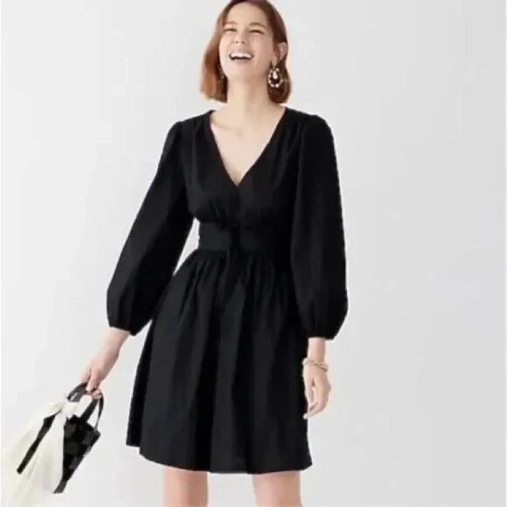 J. Crew Black V-neck Puff Sleeve Cotton Poplin Mini Dress Size 2‎